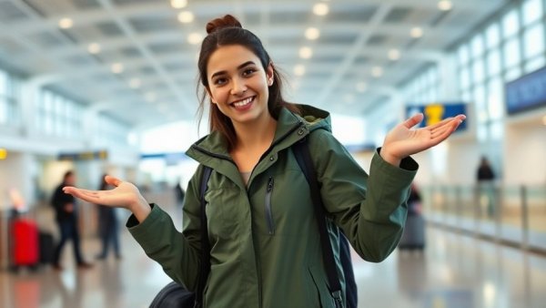 Woman with water-resistant travel jacket at airport.