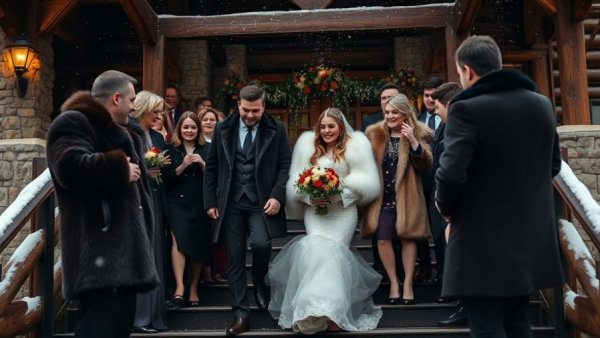 Winter wedding planning tips: elegant party in snowy cabin.