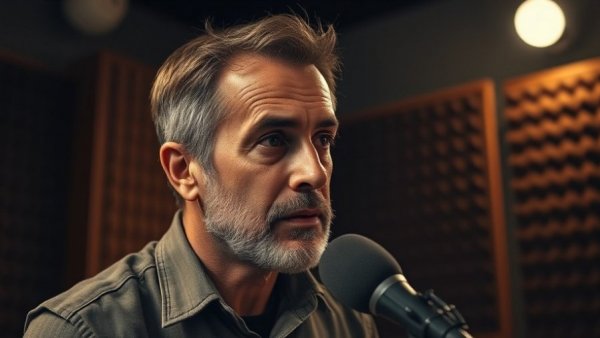 Middle-aged man discussing in dimly lit studio, related to summer threat to pets.