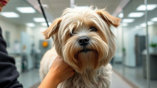 Taking care of a shaggy dog with matted fur in a grooming studio.