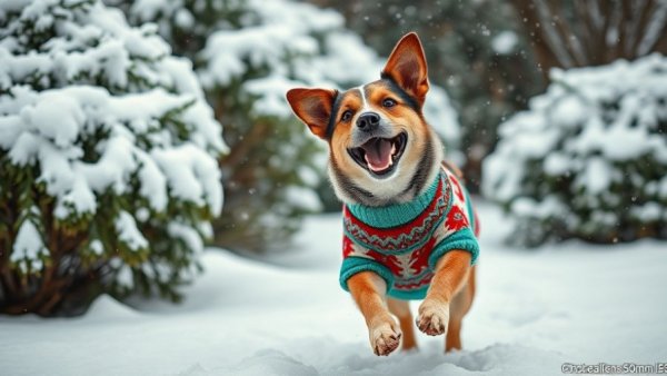 Dog in festive sweater happily playing in snowy garden, celebrating Christmas.