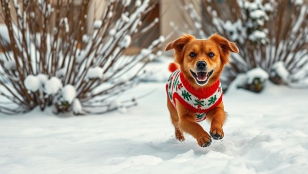 Brown dog in Christmas sweater experiencing first snow, joyful play
