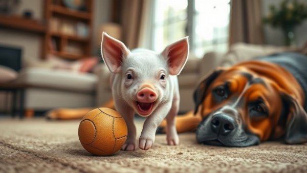 Dog funny moments in a playful indoor scene with a piglet.