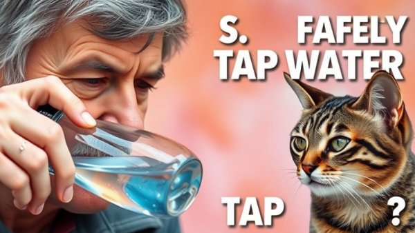 Pet health services: Man and cat with tap water safety concern.