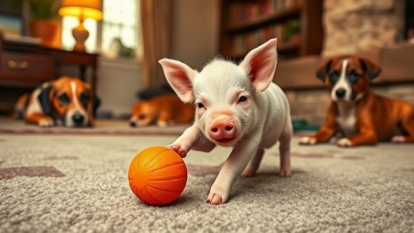 Piglet zoomies emotional support with playful piglet and ball indoors.