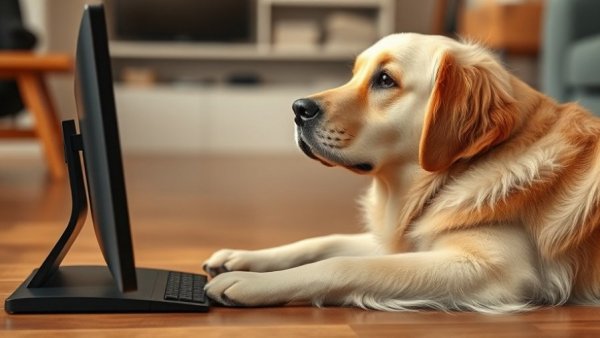 Curious golden retriever engrossed with screen, pet lover's delight.