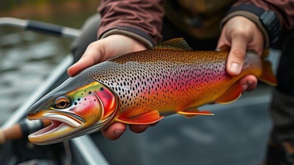 Vibrant brook trout with distinct patterns held by angler, showcasing Maine fly fishing.