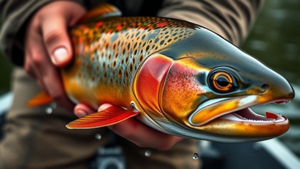 Vibrant trout held by angler, Maine fly fishing focus.