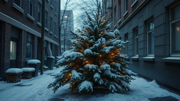 Snow-covered Christmas tree in urban alley illustrating recycling guide.