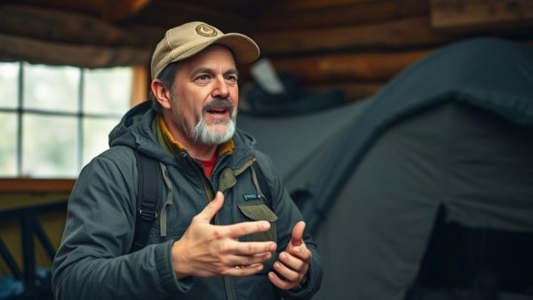 Outdoor enthusiast in a discussion about best camping gear for beginners.