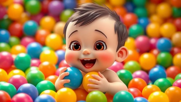 Children Fun cartoon baby playing in a colorful ball pit.