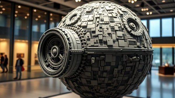 Detailed LEGO Death Star model in a museum exhibit, showcasing LEGO's most expensive set.