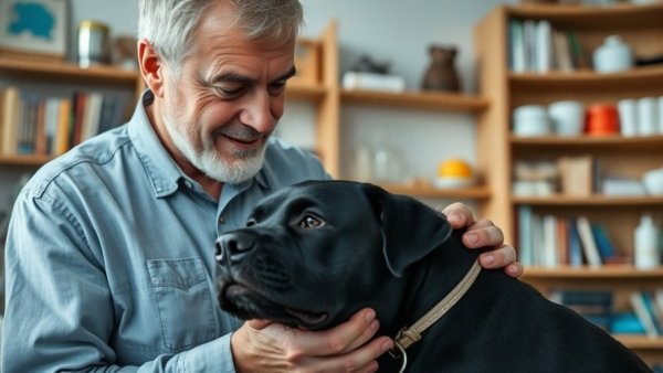 Natural remedy for pet tear stains discussion with man and black dog indoors.