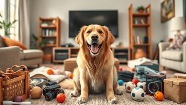 Funny moment with a dog in a living room, cheerful golden retriever.