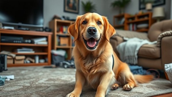 Amusing golden retriever with playful expression in messy living room.
