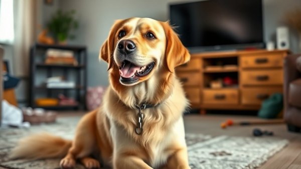 Golden retriever dog displaying attentive behavior in a living room setting.