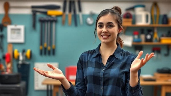 Young woman explaining buoyancy concept in educational setting.