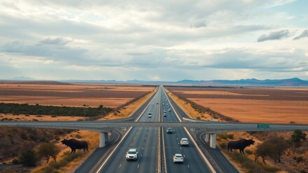 North America's largest wildlife crossing over a highway in a vast open field.