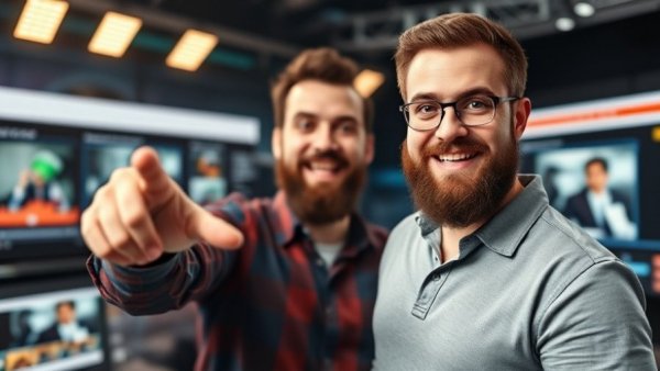 AI content creation tools concept with man pointing at video transformations.