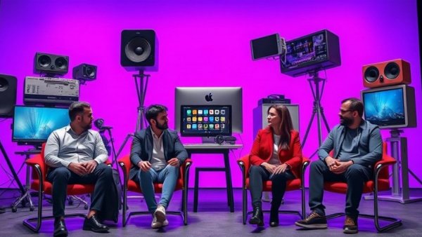 Artificial Intelligence discussion with oversized tech backdrop, vibrant setting.