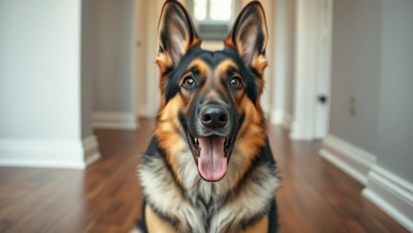 Funniest German Shepherd curiously looking over shoulder indoors.