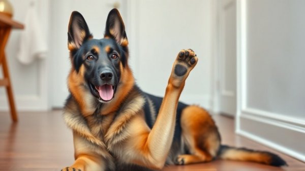 Funniest German Shepherd raising paw indoors with attentive look.