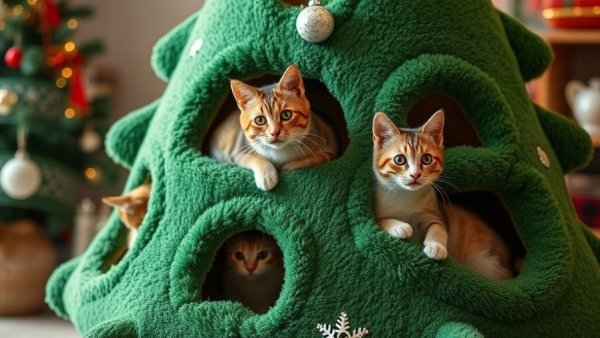 Cats at Christmas tree play structure with snowflakes, festive setting.
