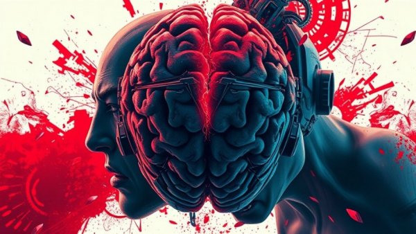 Dynamic confrontation between man and AI symbolized by brain crack.