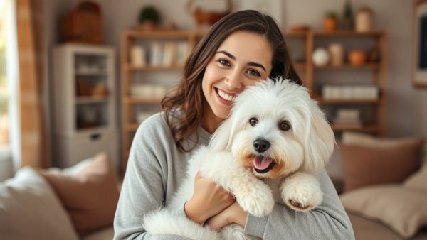 Cheerful woman with dog, indoor setting, traveling families with pets.