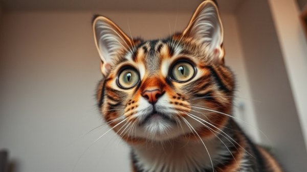 Tabby cat's funny reaction to mom stealing food, wide-eyed.
