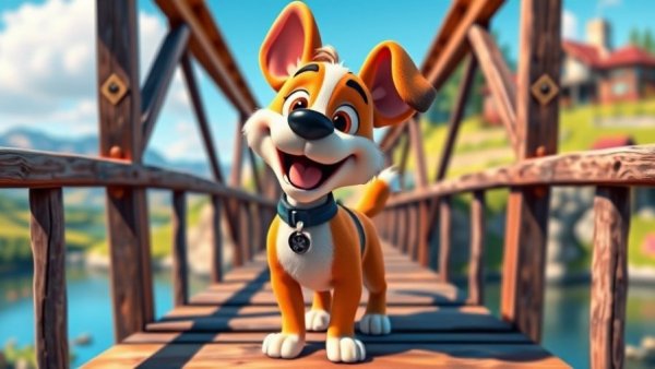Cartoon dog for kids on bridge, colorful pet cartoon scene.