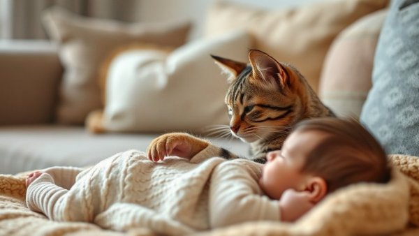 Cute cat gently helps burp newborn baby in cozy setting.