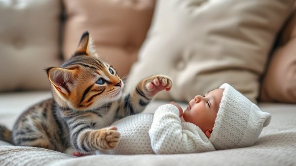Cat gently interacts with newborn baby on a couch, soft and cozy setting.