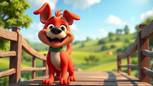 Playful pet cartoon for kids with red dog in nature.