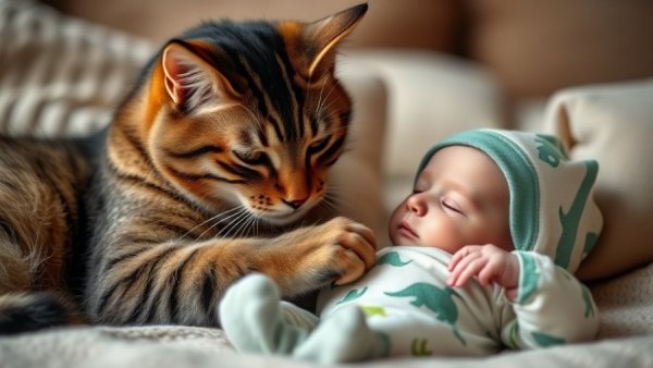 Tabby cat bonding with newborn in a cozy setting.