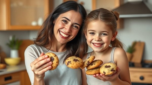 Mother and daughter presenting healthy Christmas cookies in a kitchen.