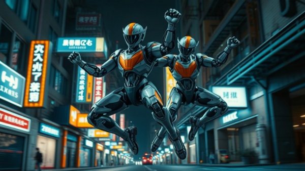 Futuristic humanoid robots showcasing strength and agility in an urban setting.