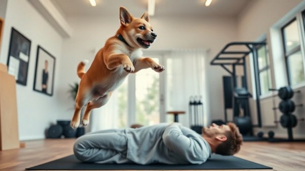 Playful puppy interrupts a man's push-up in a gym. Dog funny moments.