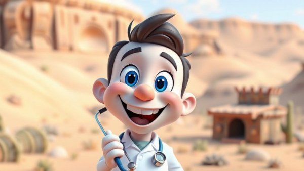 Funny pet cartoons 3D character smiling in desert scene.