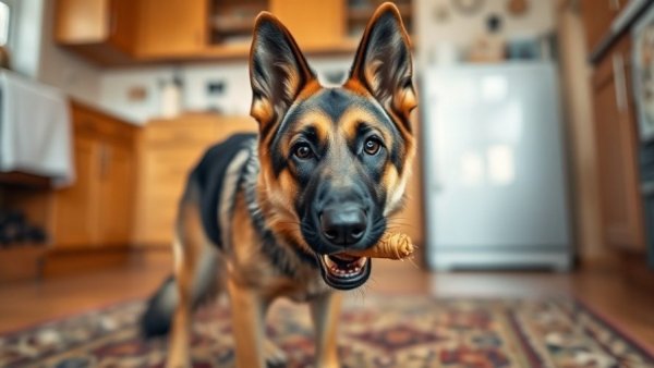 German Shepherd holding a small container in a kitchen.