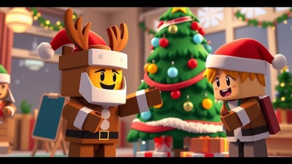 Pet comedy scene with block-style holiday characters.