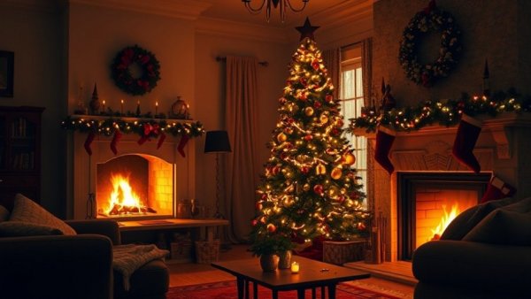 Cozy Christmas Eve scene with tree and fireplace, meaning of Christmas Eve traditions.