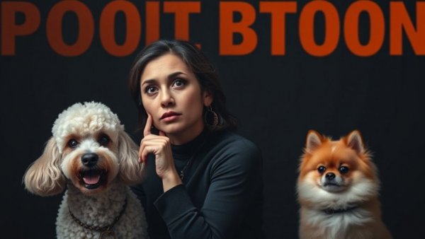 Thoughtful pet grooming expert with groomed dogs.