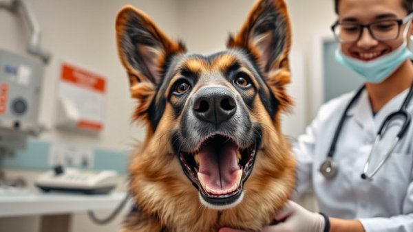 Funny German Shepherd's reaction at the vet with amused veterinarian.