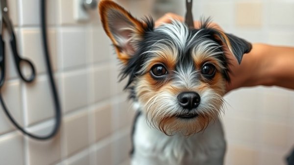 Dog grooming tips: Small terrier getting a haircut in a tiled room.