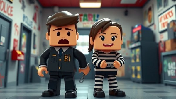 Humorous cartoon FBI scene with blocky characters in police station.