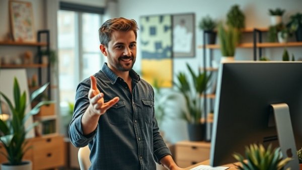 Young man discussing digital content strategy in a home office.