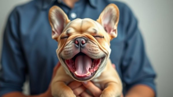 Adorable French Bulldog puppy yawning, held by person, photorealistic.