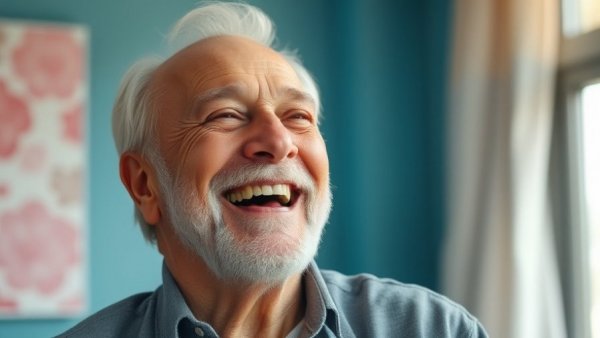 Smiling elderly man indoors with blue and pink background.