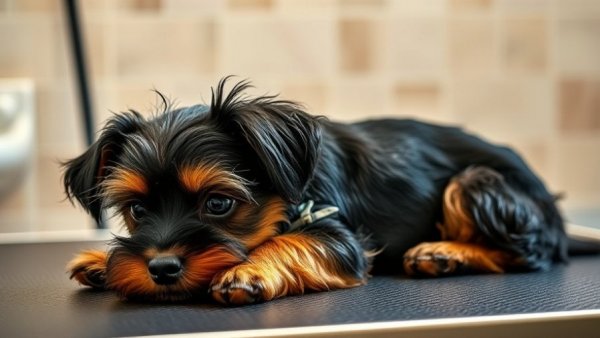 Wet dog on grooming table for dog grooming tips.
